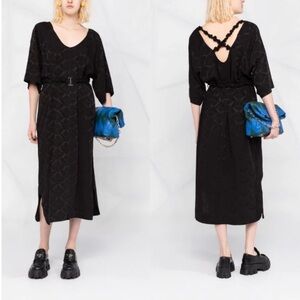 NEW Ganni Black Jacquard Belted Midi Dress Size EU 36